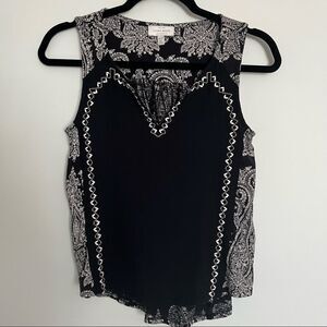 Lucky Brand Women's XS Black Paisley Embroidered Mixed Media Split Neck Tank Top